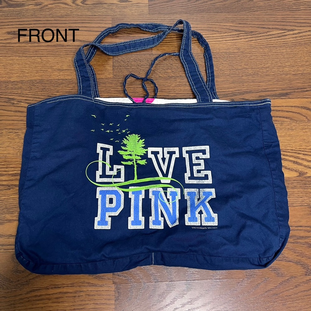 Victoria's Secret PINK reversible canvas tote bag, Graphic  "LIVE PINK" in Blue